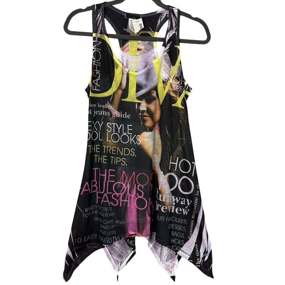 Vintage Y2K Magazine Print Tank Top Hanky Hem Newsprint Graphic Tee Size Medium